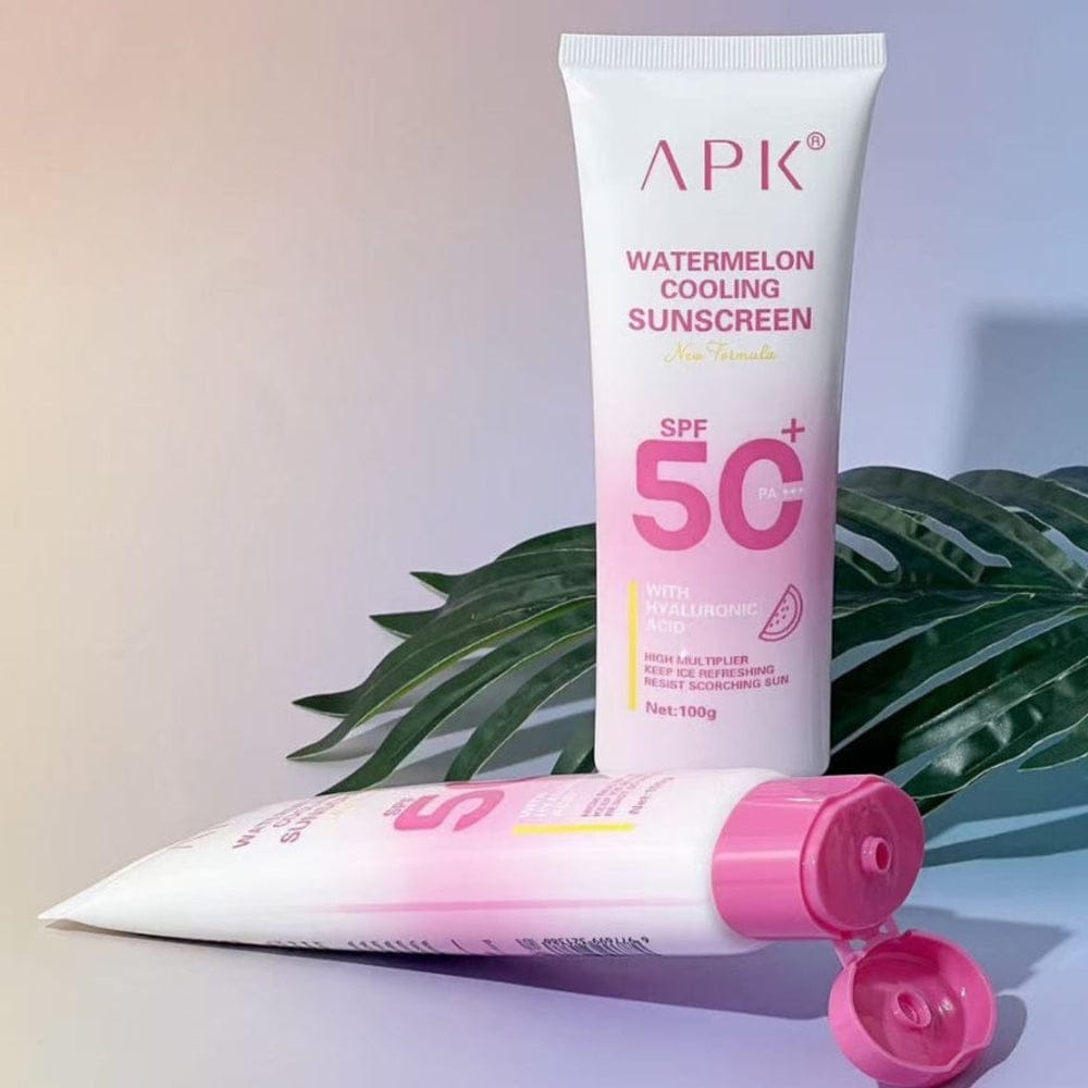 Watermelon cooling sunscreen tube with SPF 50+ on a light background victoriastore.com.pk