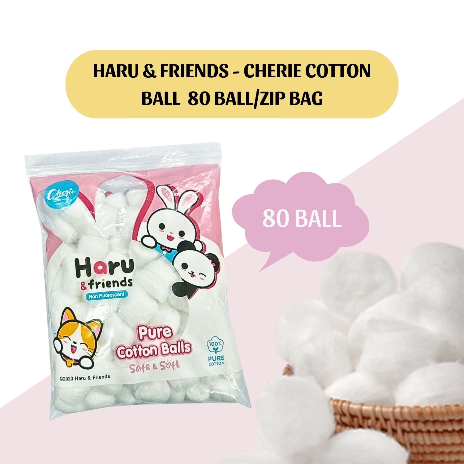 Cherie Safe & Soft Haru And Friends Pure Cotton Balls 80pcs victoriastore.com.pk