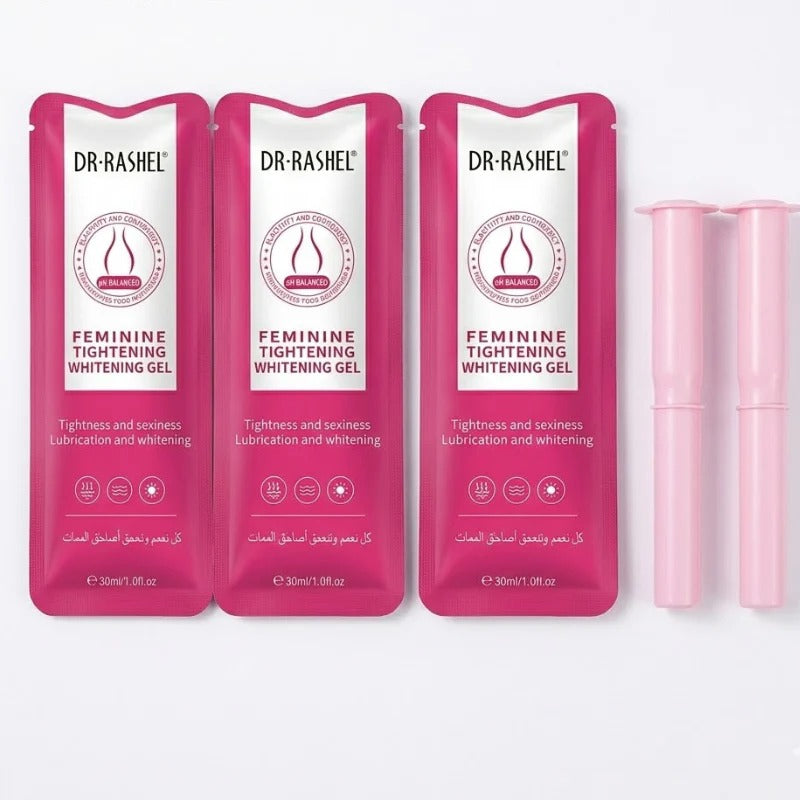 Three packages of Dr. Rashel Feminine Tightening Whitening Gel with a pink applicator on a white background.