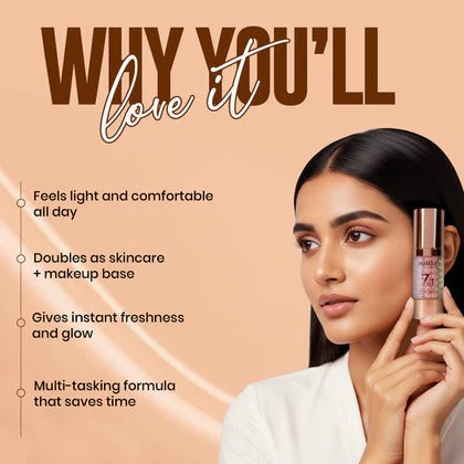 Woman holding a skincare product with text on a peach background
