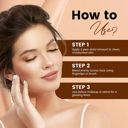 Woman applying skincare product with step-by-step instructions on a beige background