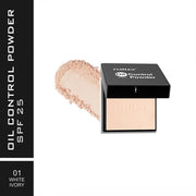 Oil control powder with packaging and a scoop of powder on a white background