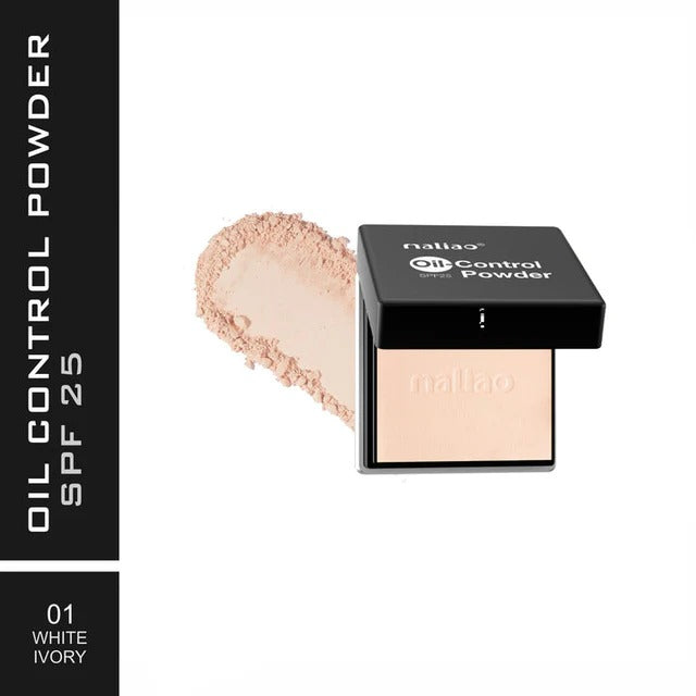 Oil control powder with packaging and a scoop of powder on a white background