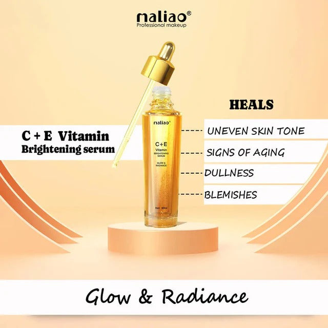 Nailiao C+E Vitamin Brightening Serum bottle with dropper on a beige background